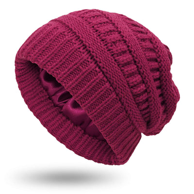 Warm woolen knit satin hat for women in wine red, perfect for protective hairstyles in autumn and winter.