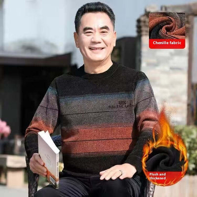 Middle-aged man in a stylish winter fleece-lined pullover sweater, enjoying leisure time outdoors, in vibrant chenille fabric.