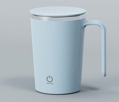 Light blue automatic stirring coffee cup with lid and power button, ideal for home or office use.
