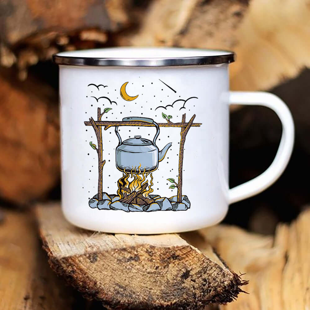 Caravan printed camper enamel mug with a camping kettle design, perfect for outdoor adventures and household use.