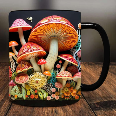 High-end ceramic mug featuring vibrant magic mushroom design, ideal for stylish coffee or tea lovers.
