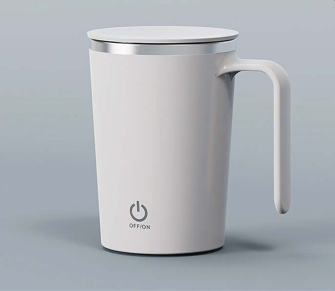 White automatic stirring coffee cup with handle and lid, featuring an ON/OFF button for convenient use.