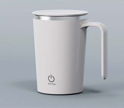 White electric mixing cup with a handle and lid, featuring an ON/OFF button for automatic stirring.