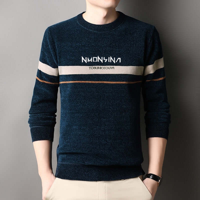 Men's winter fleece-lined pullover sweater, casual style, long sleeves, polyester blend, dark blue with striped design.