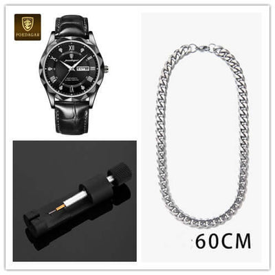 Luxury men's watch, silver chain necklace, and black tool on a sleek black surface. Perfect accessories for any outfit.