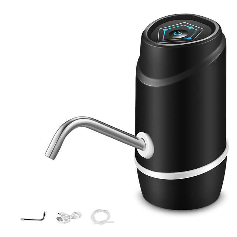 Electric hand pressure water pump in black with stainless steel outlet pipe and USB charging cable.