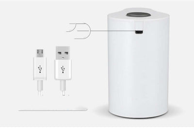 Electric water pump with USB charger, white ABS body, intelligent push-type operation, perfect for bottled water.