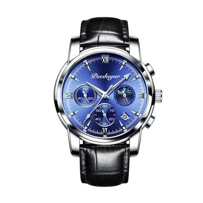 Elegant blue dial multifunctional men's watch with leather strap and silver case by BONEHEAD PRO-CREATIONS.