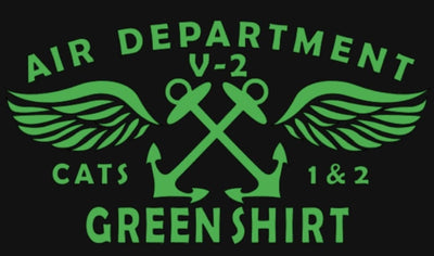 U.S. Navy V2 Division tee shirt design featuring wings, anchors, and green text for Air Department Cats 1 & 2.