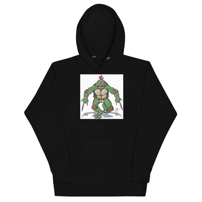 Black unisex hoodie featuring a cartoon turtle character design, perfect for streetwear enthusiasts.