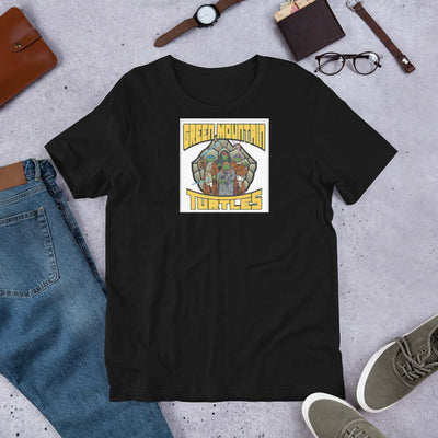 Black unisex t-shirt featuring 'Green Mountain Turtles' graphic design, styled with casual denim and accessories.